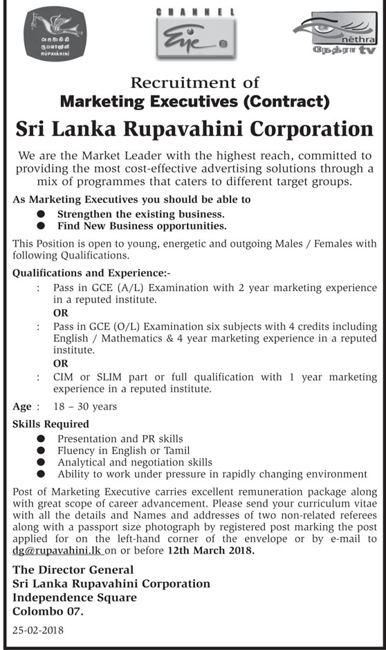 Marketing Executives - Sri Lanka Rupavahini Corporation